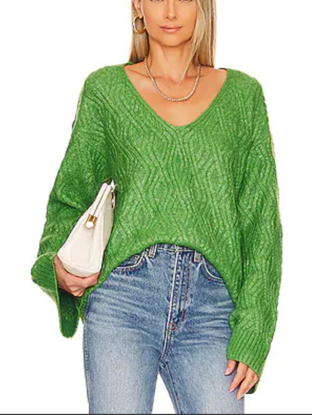 Lovers + Friends Enora Green Knit V-Neck Sweater Bell Sleeves Oversize Small